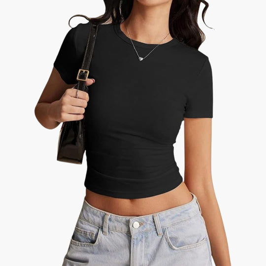 Women’s cropped slim fit top with crew neck and short sleeves