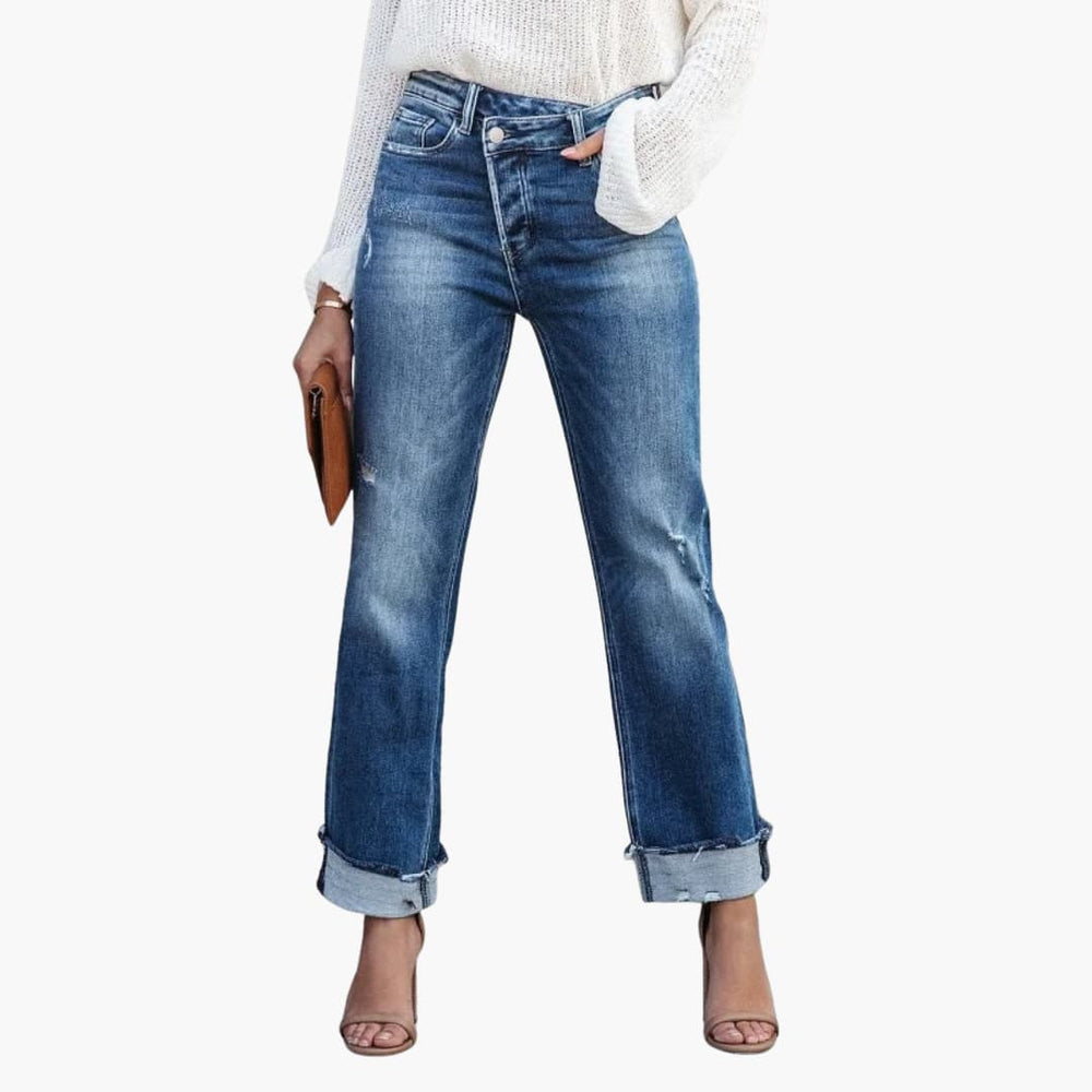 Women’s denim straight leg jeans with high rise and cuffed hems