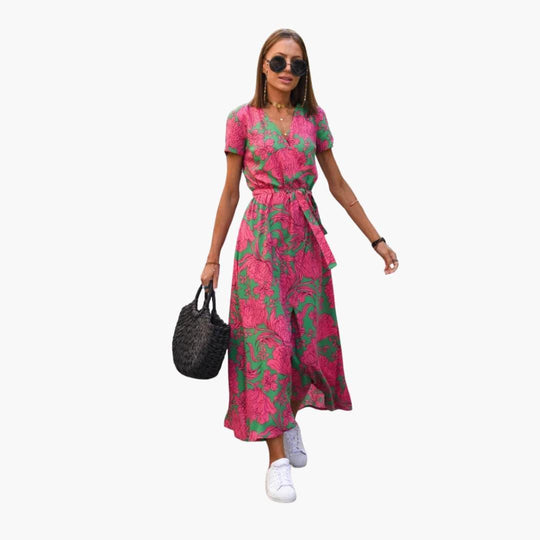 Floral Wrap Midi Dress with Tie Waist - Casual Dress for Women