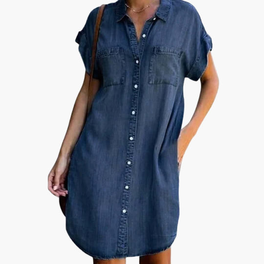 Women’s denim shirt dress with short sleeves and side pockets