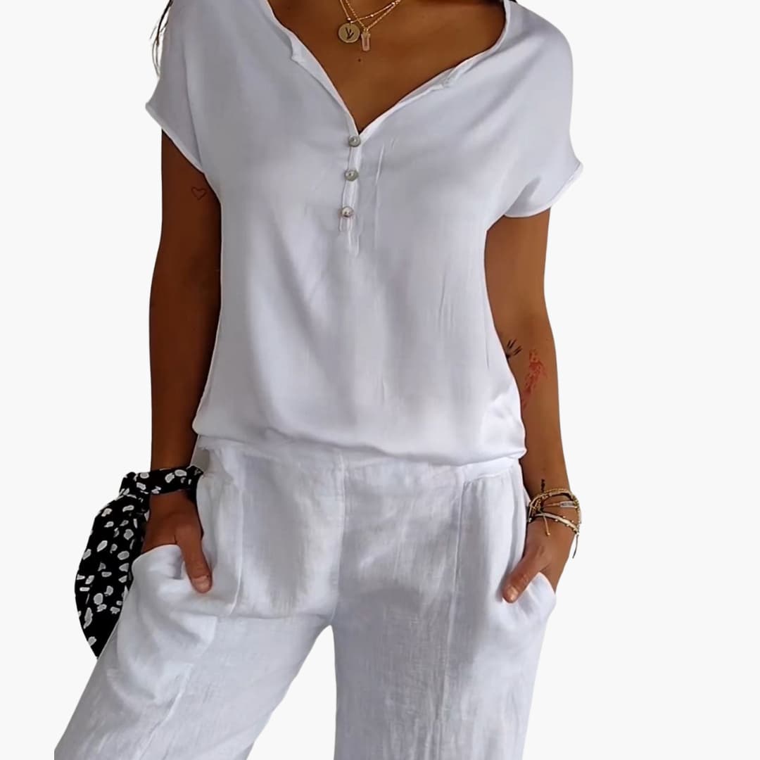 Women’s V-neck short sleeve top with button placket