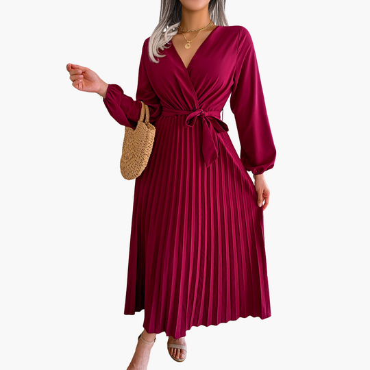 Elegant Pleated Maxi Dress for Women - Long Sleeve Wrap Dress