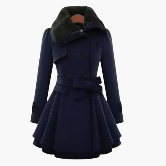 Flared Wool Trench Coat for Women - Belted with Fur Collar