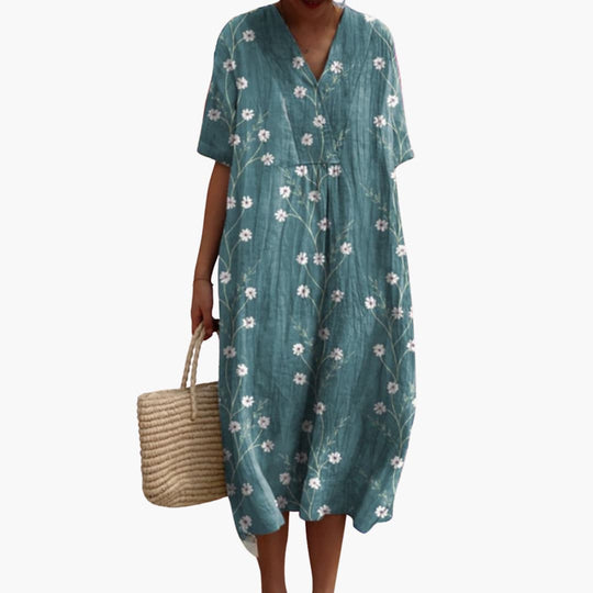 Women's floral summer dress with V-neck and short sleeves