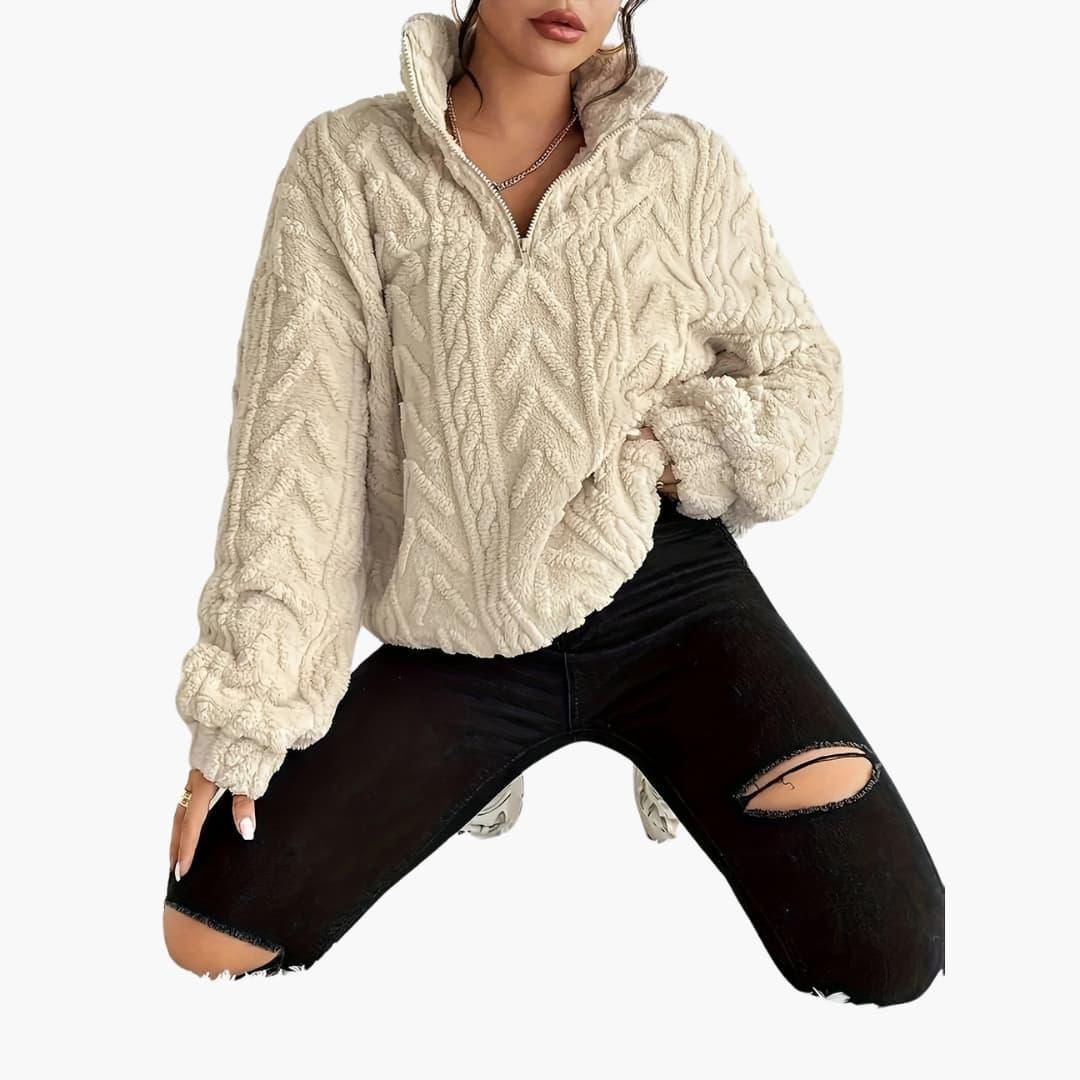 Cable Knit Half-Zip Fleece Sweatshirt - Cosy Fit for Women - IsabellaMae