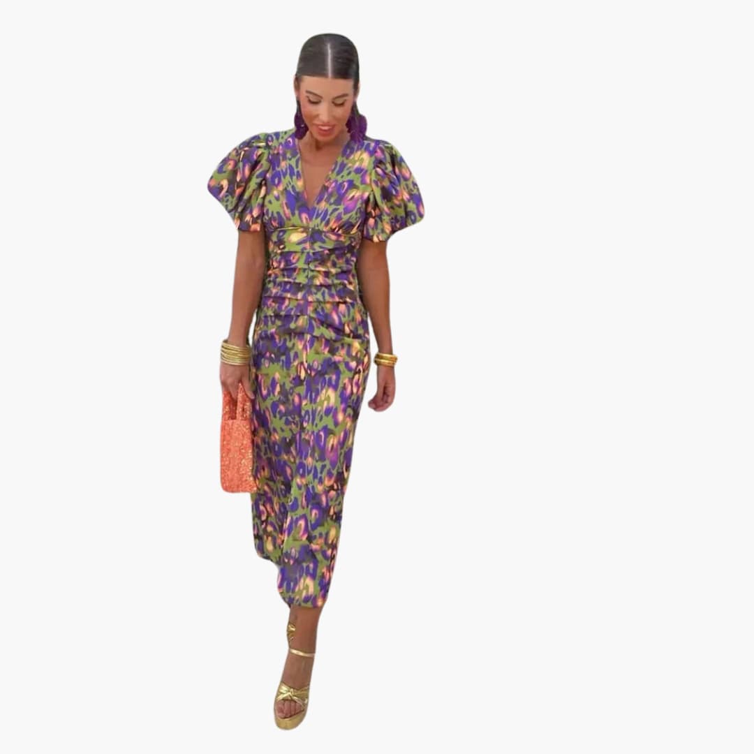 Puff Sleeve Midi Dress for Women - Ruched Waist Party Look