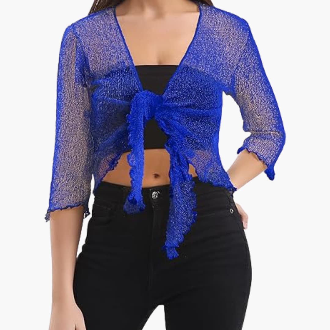 Women’s cropped tie-up shrug with sheer knit sleeves
