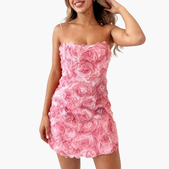 Strapless Floral Dress for Women - Elegant 3D Rose Design