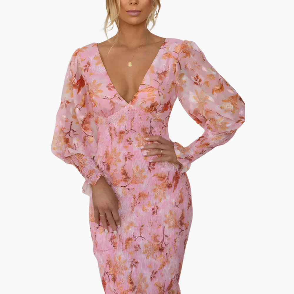Puff Sleeve Midi Dress for Women - V Neck Floral Style