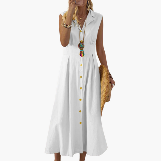Button-Down Collared Midi Dress – Women's V-Neck Summer Style - IsabellaMae