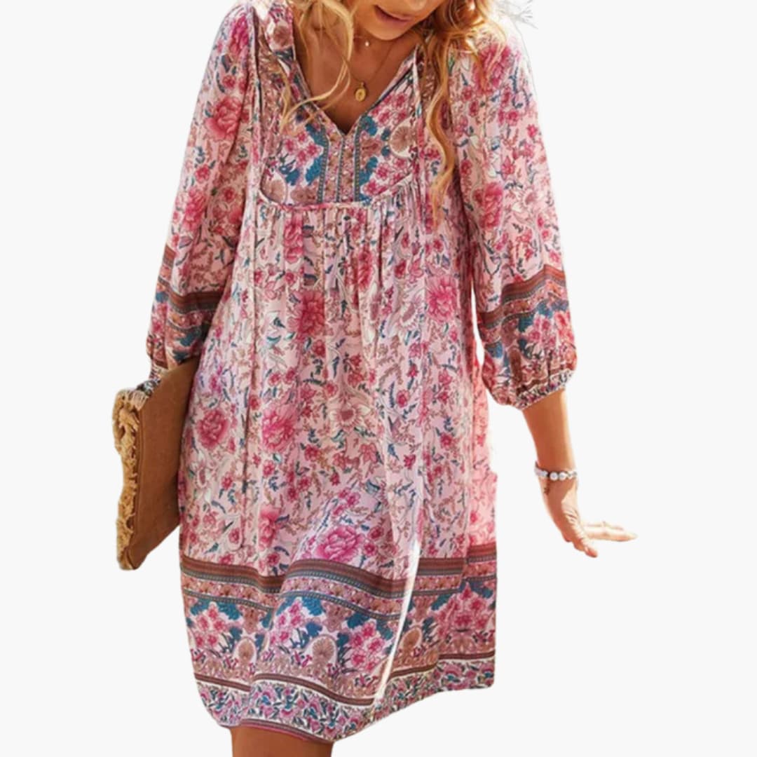 Women’s boho floral dress with long sleeves and V-neckline