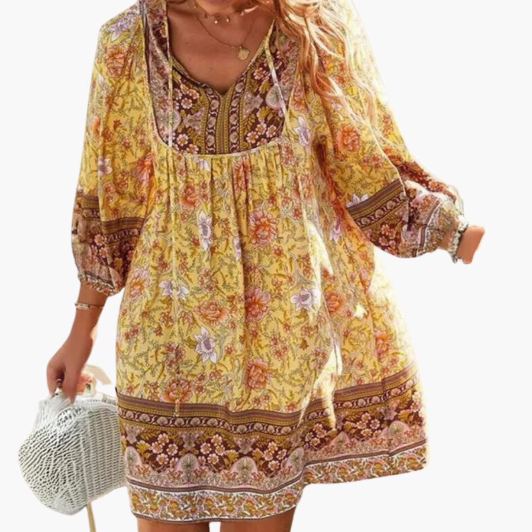 Women’s boho floral dress with long sleeves and V-neckline