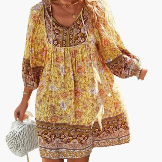 Women’s boho floral dress with long sleeves and V-neckline