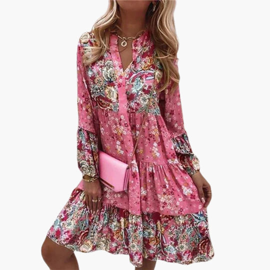 Women’s A-line dress with floral print and tiered skirt