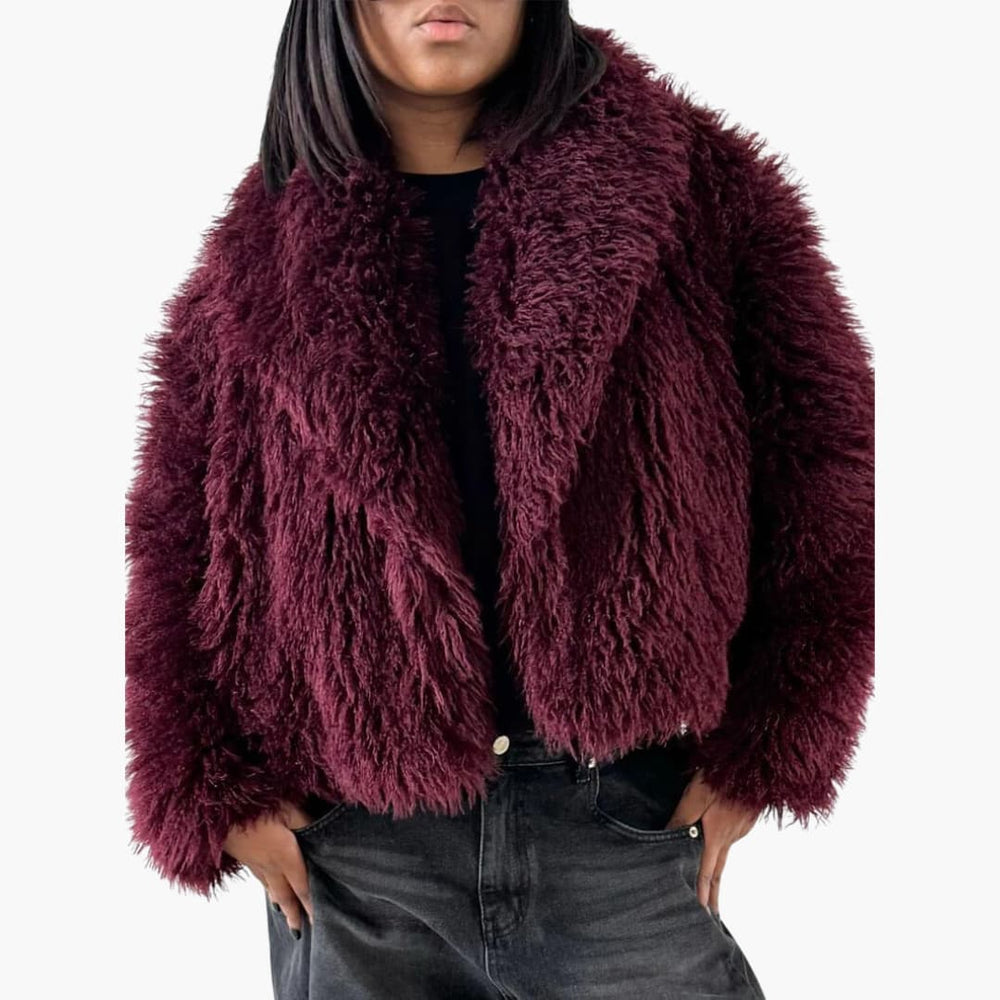 Cropped Fur Jacket - Women's Fluffy Winter Coat with Lapel
