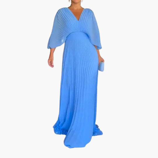 Women's all-season floor-length pleated formal dress with V-neck
