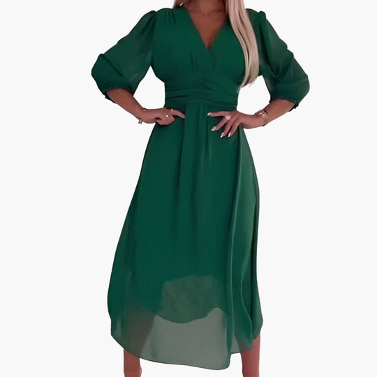 Chiffon Midi Dress for Women - V Neck Ruched Waist Style