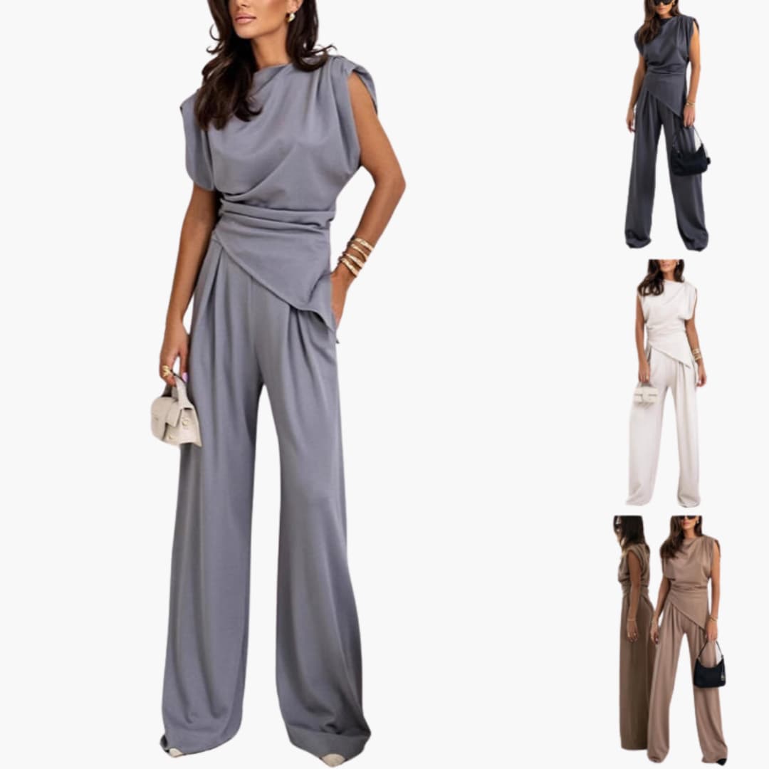 Two-Piece Set - Women’s Elegant Wide Leg Trousers & Top