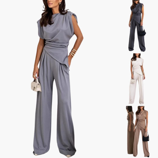 Two-Piece Set - Women’s Elegant Wide Leg Trousers & Top