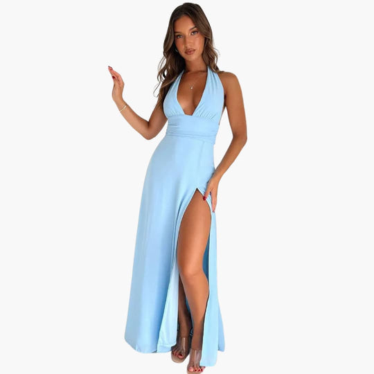 V Neck Maxi Dress for Women - Halter Neck High Slit Style