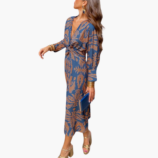 Printed Twist Front Midi Dress for Women – V-Neck & Long Sleeve