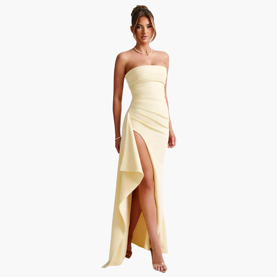 Women’s strapless floor-length evening dress with slit