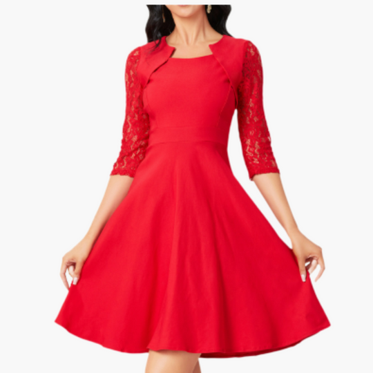 Elegant Dress for Women - Lace Sleeves & Flared Skirt