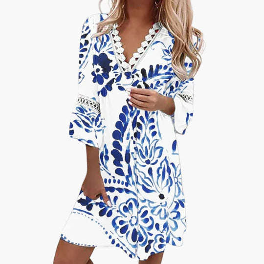 Women's cotton boho dress with floral print and lace trim sleeves