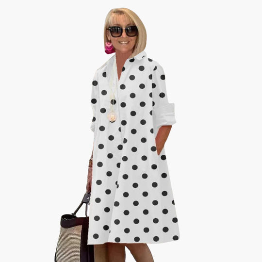 Women's midi dress with long sleeves and polka dot print