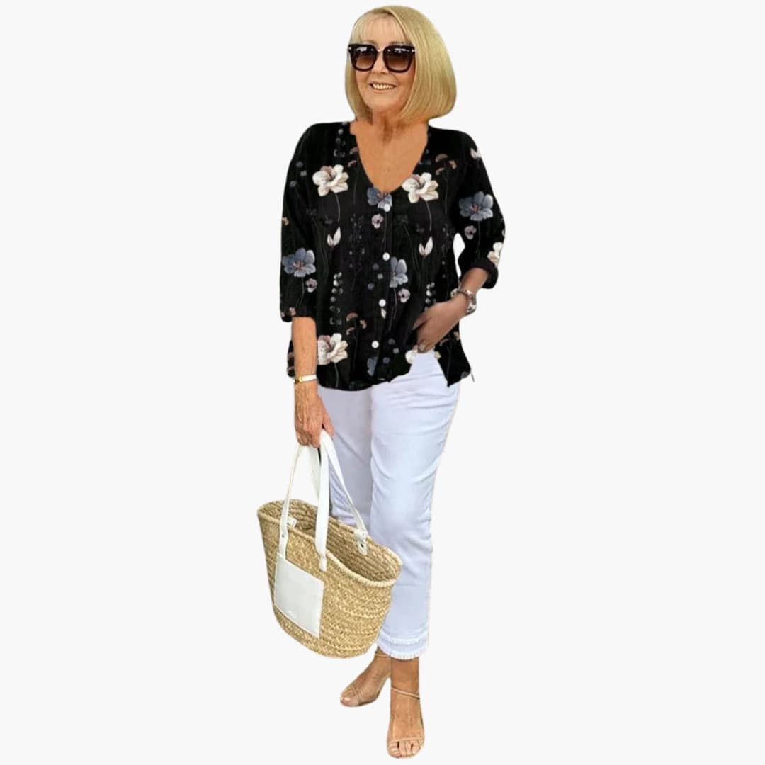 Women’s relaxed-fit blouse with floral print and V-neckline