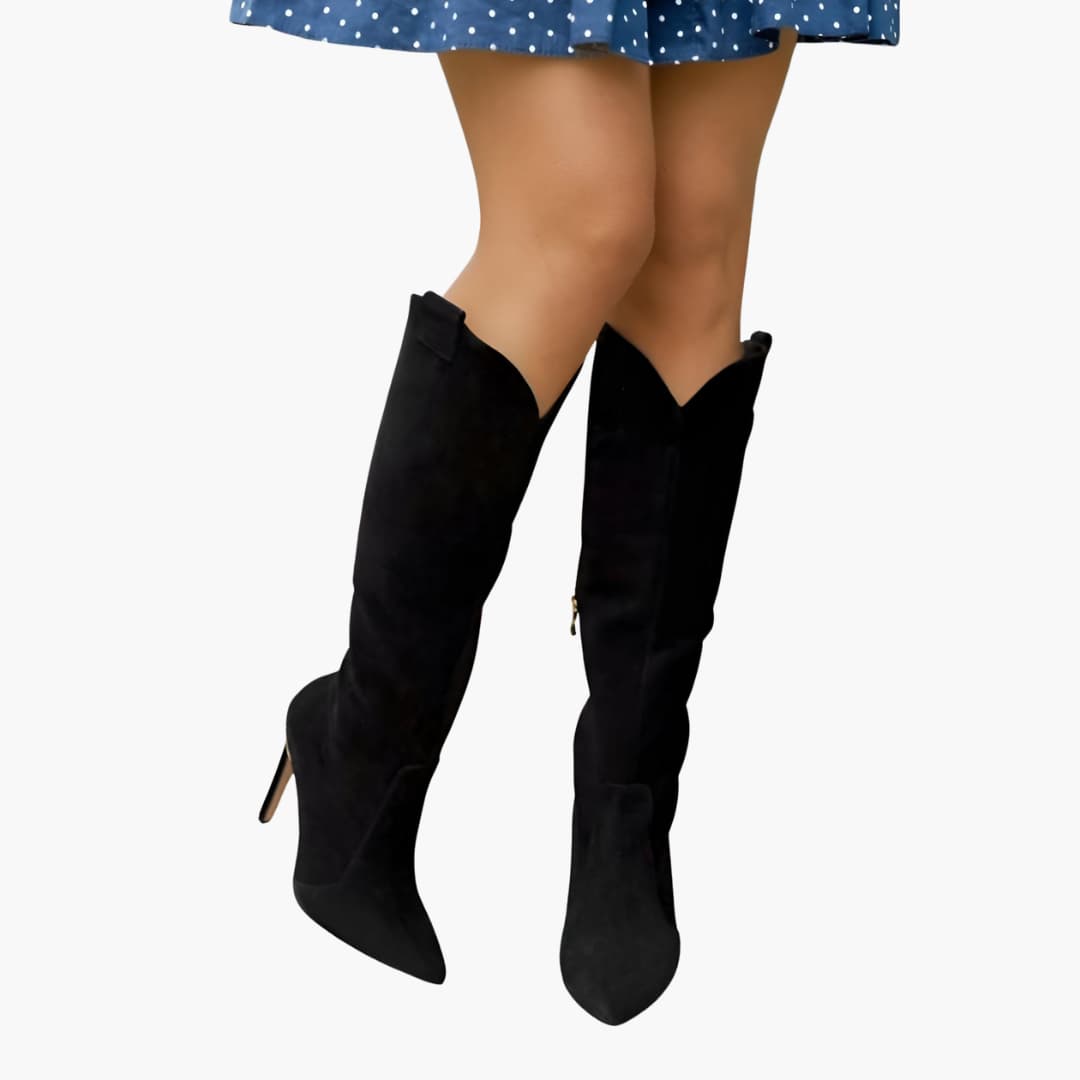 Women’s knee-high heeled boots with zipper and pointed toe