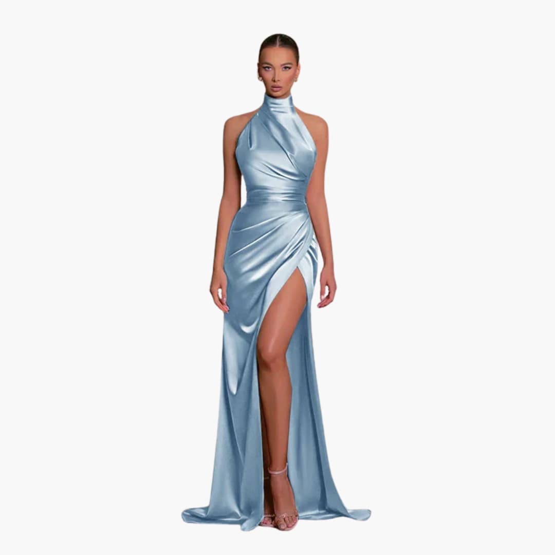 Satin Evening Dress for Women - Halter Neck High Slit Gown