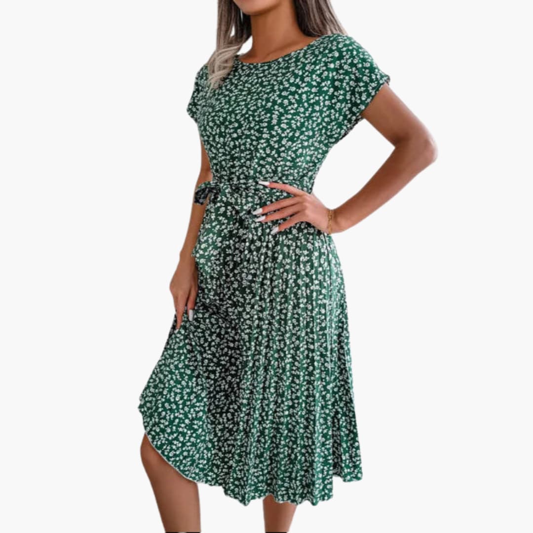 Summer Dress - Women’s Floral Belted Casual Knee-Length Fit