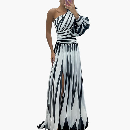 One Shoulder Maxi Dress for Women - Elegant Striped Slit