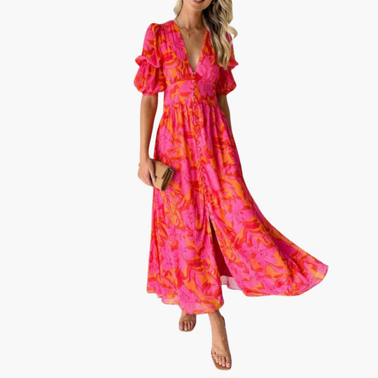 Women’s ankle-length maxi dress with V-neck and puff sleeves