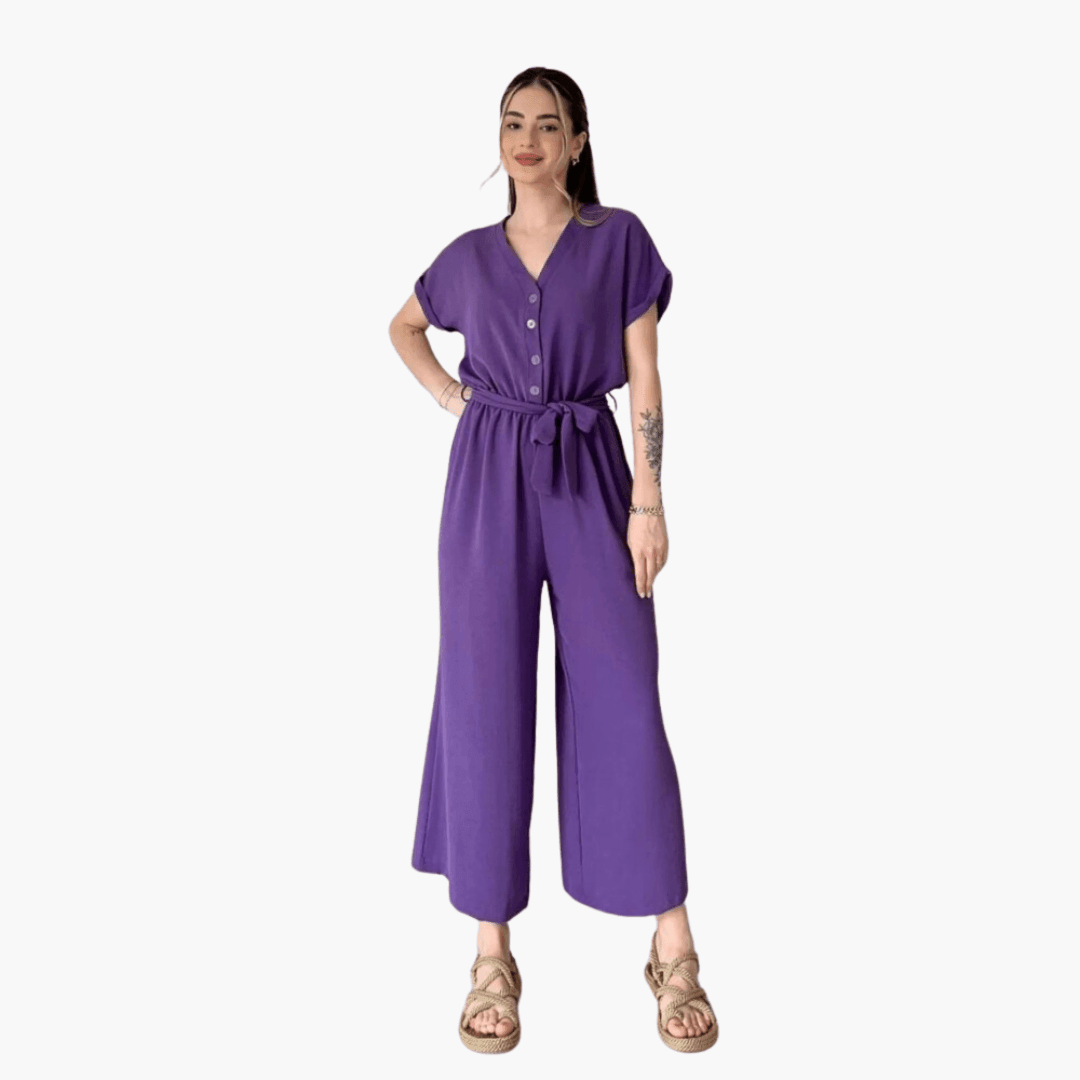 Casual Belted Jumpsuit – Women's V-Neck, Short Sleeve, Wide-Leg - IsabellaMae