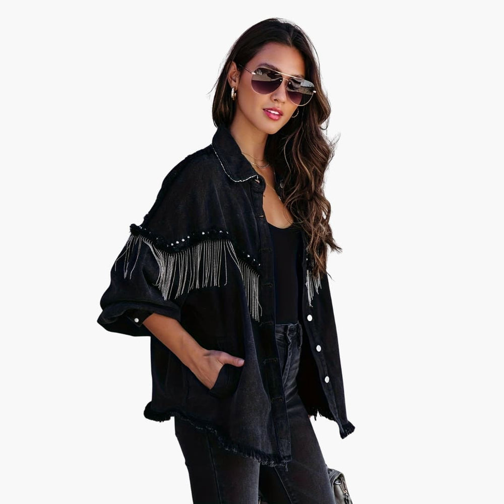Women’s denim jacket with fringe detail and button front