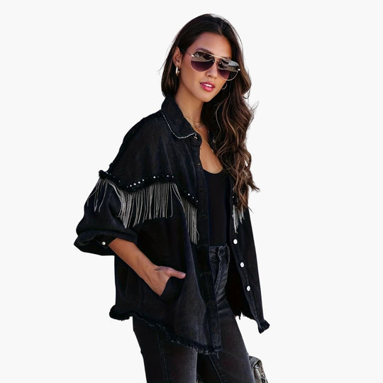 Women’s denim jacket with fringe detail and button front