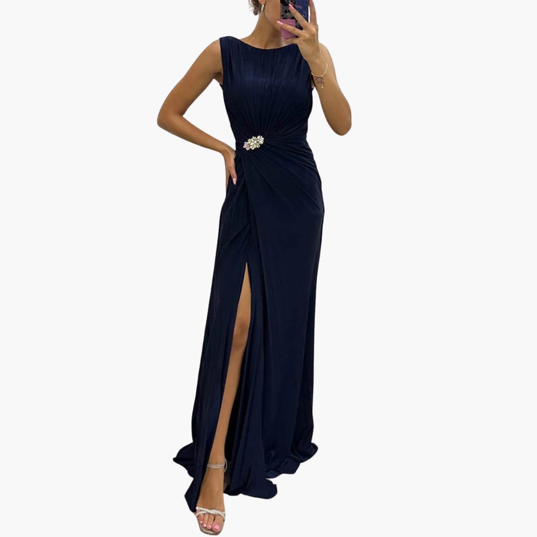 Pleated Maxi Evening Dress for Women - Slit & Brooch Detail