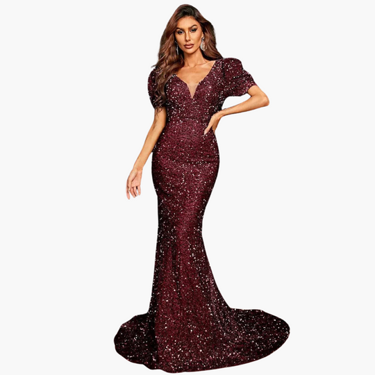 Evening dress with puff - sleeves & sequins for women V-neck maxi