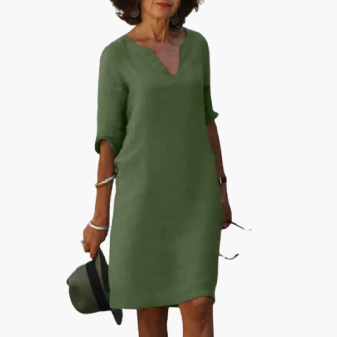 Women’s knee-length dress with V-neck and 3/4 sleeves