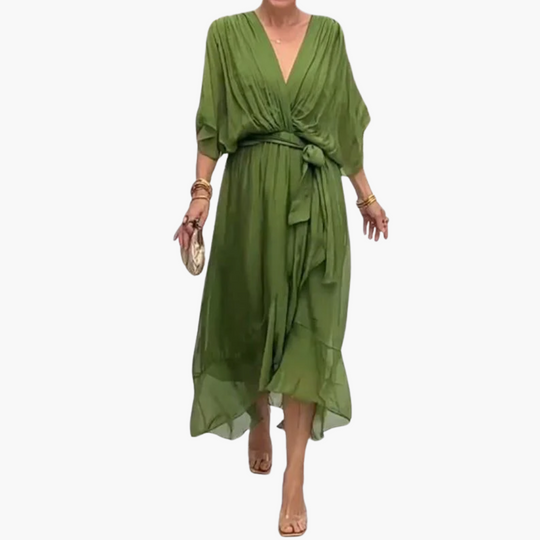Chiffon Midi Dress with V-Neck and Belt - Women’s Stylish Wear