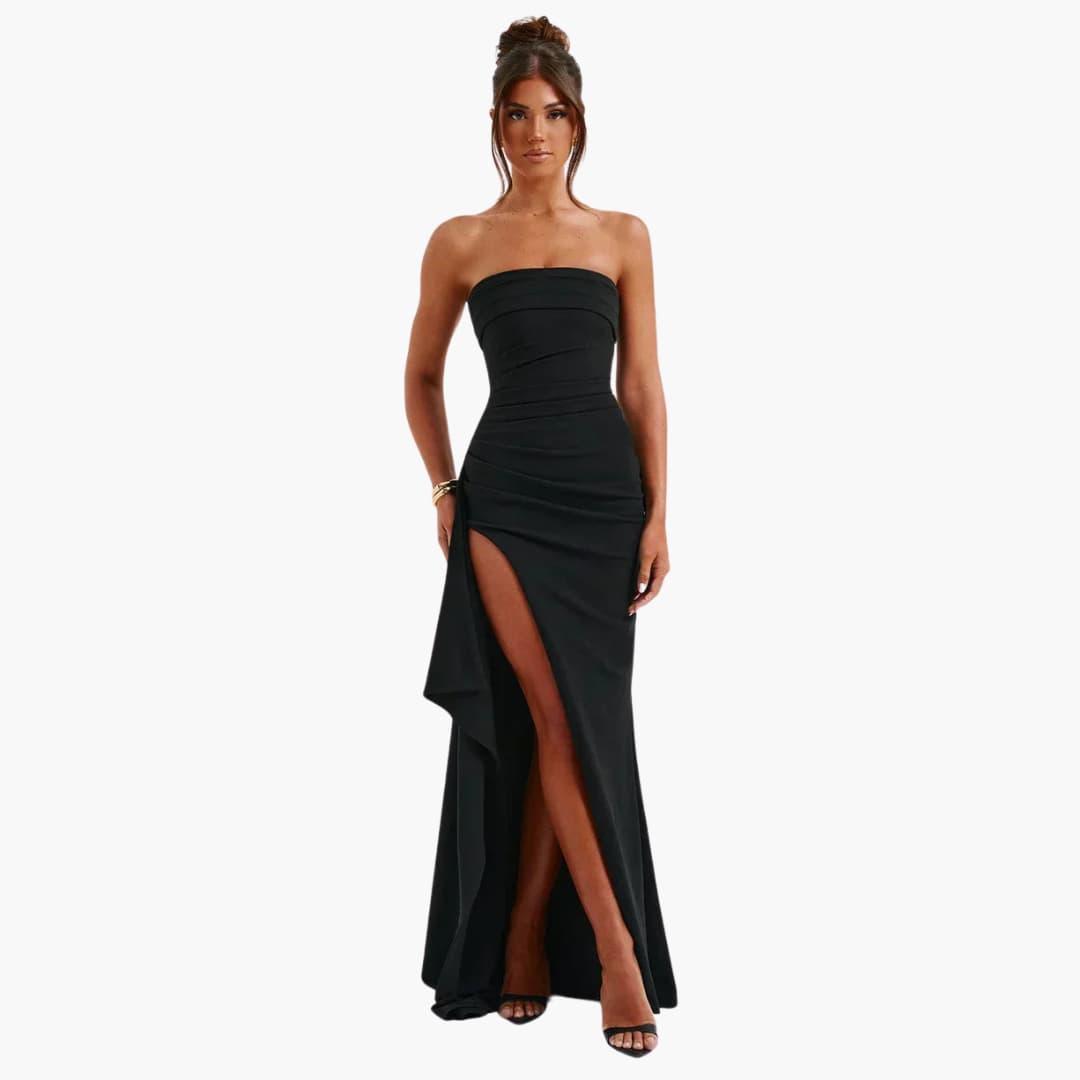 Women’s strapless floor-length evening dress with slit