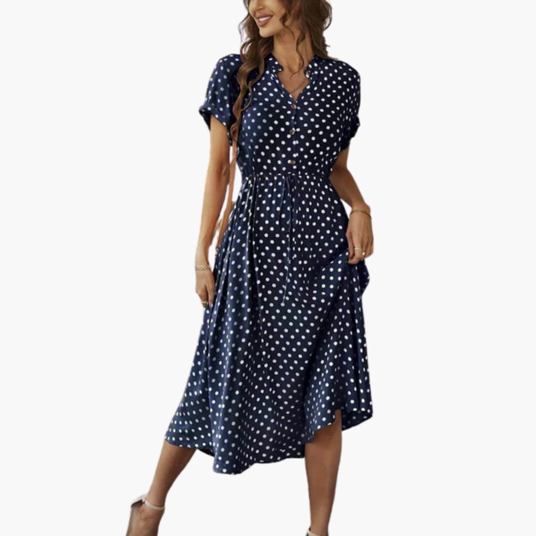 Women’s midi dress with short sleeves and button front