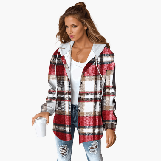 Plaid Flannel Shacket - Women's Hooded Button-Up Jacket