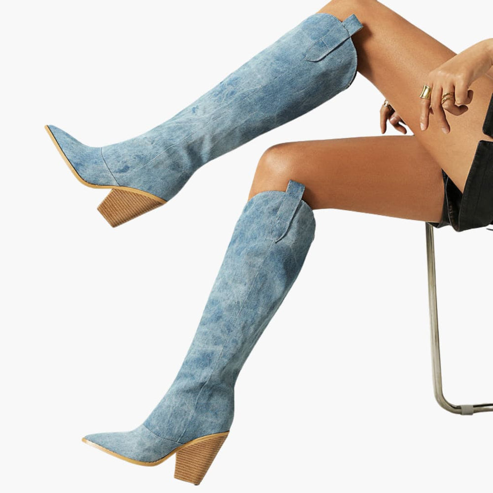 Women’s knee-high boots with block heel and denim finish