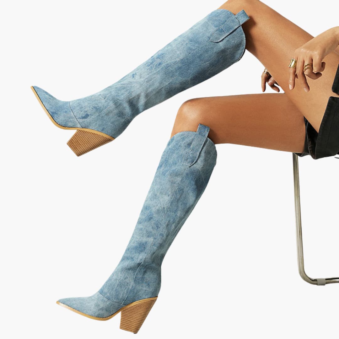 Women’s knee-high boots with block heel and denim finish