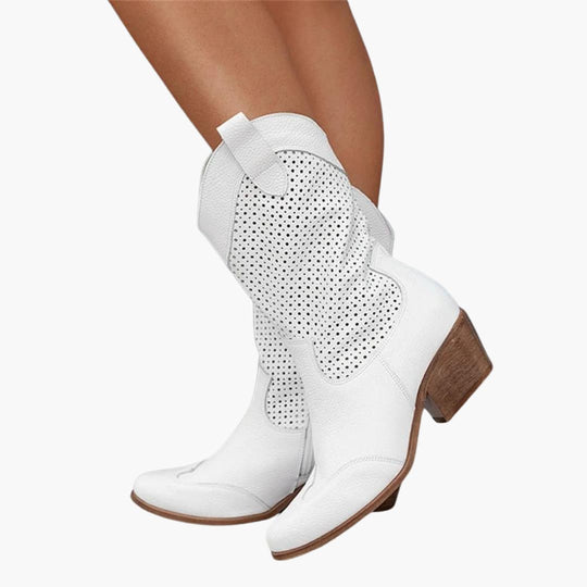 Women’s mid-calf boots with perforated panels and side zip