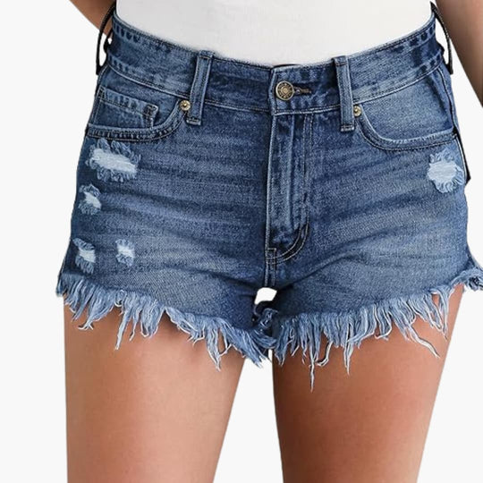 Women's denim shorts with high waist and ripped details