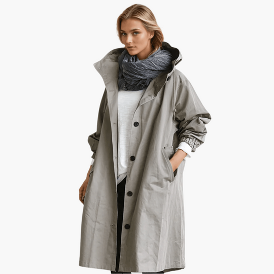 Women’s trench coat with hood and breathable water-repellent fabric